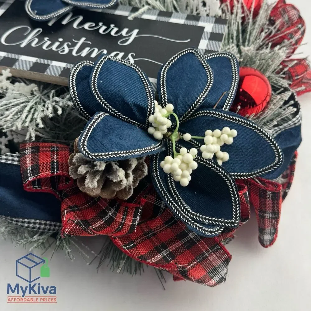 Christmas Wreath Front Door Decor 18 Inch Artificial Flowers Plaid Ribbon Sign
